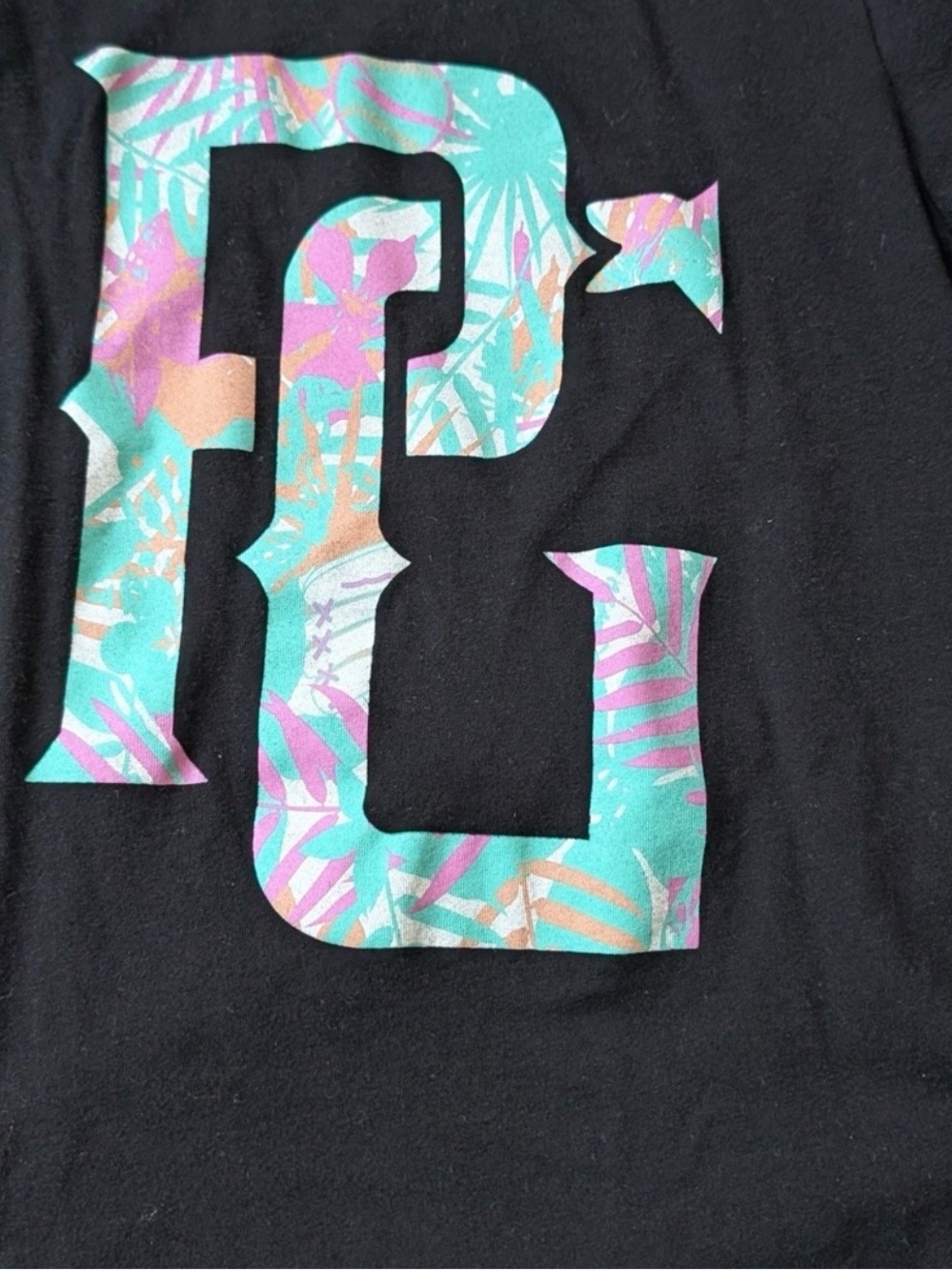 Black Kids Short Sleeve Tee with Teal & Pink Tropical Logo
